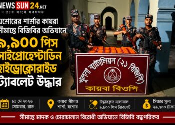 শার্শার কায়বা সীমান্তে বিজিবির অভিযানে  ভারতীয় ৯,৯০০ পিস সাইপ্রোহেপ্টাডিন হাইড্রোক্লোরাইড ট্যাবলেট উদ্ধার