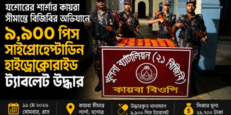 শার্শার কায়বা সীমান্তে বিজিবির অভিযানে  ভারতীয় ৯,৯০০ পিস সাইপ্রোহেপ্টাডিন হাইড্রোক্লোরাইড ট্যাবলেট উদ্ধার