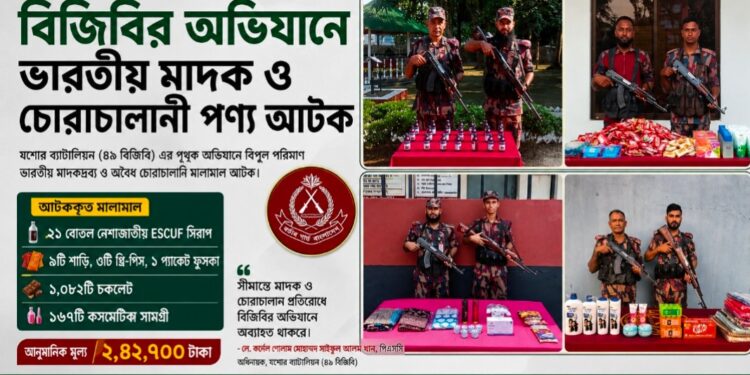 বেনাপোল সীমান্তে বিজিবির অভিযানে ভারতীয় মাদক ও চোরাচালানী পণ্য আটক