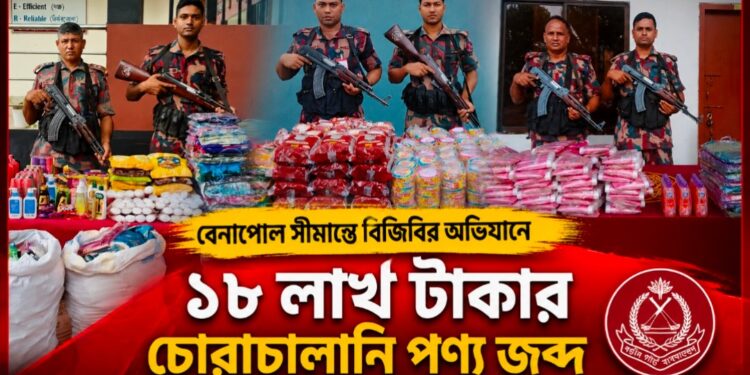 বেনাপোল সীমান্তে বিজিবির অভিযানে ১৮ লাখ টাকার চোরাচালানি পণ্য জব্দ